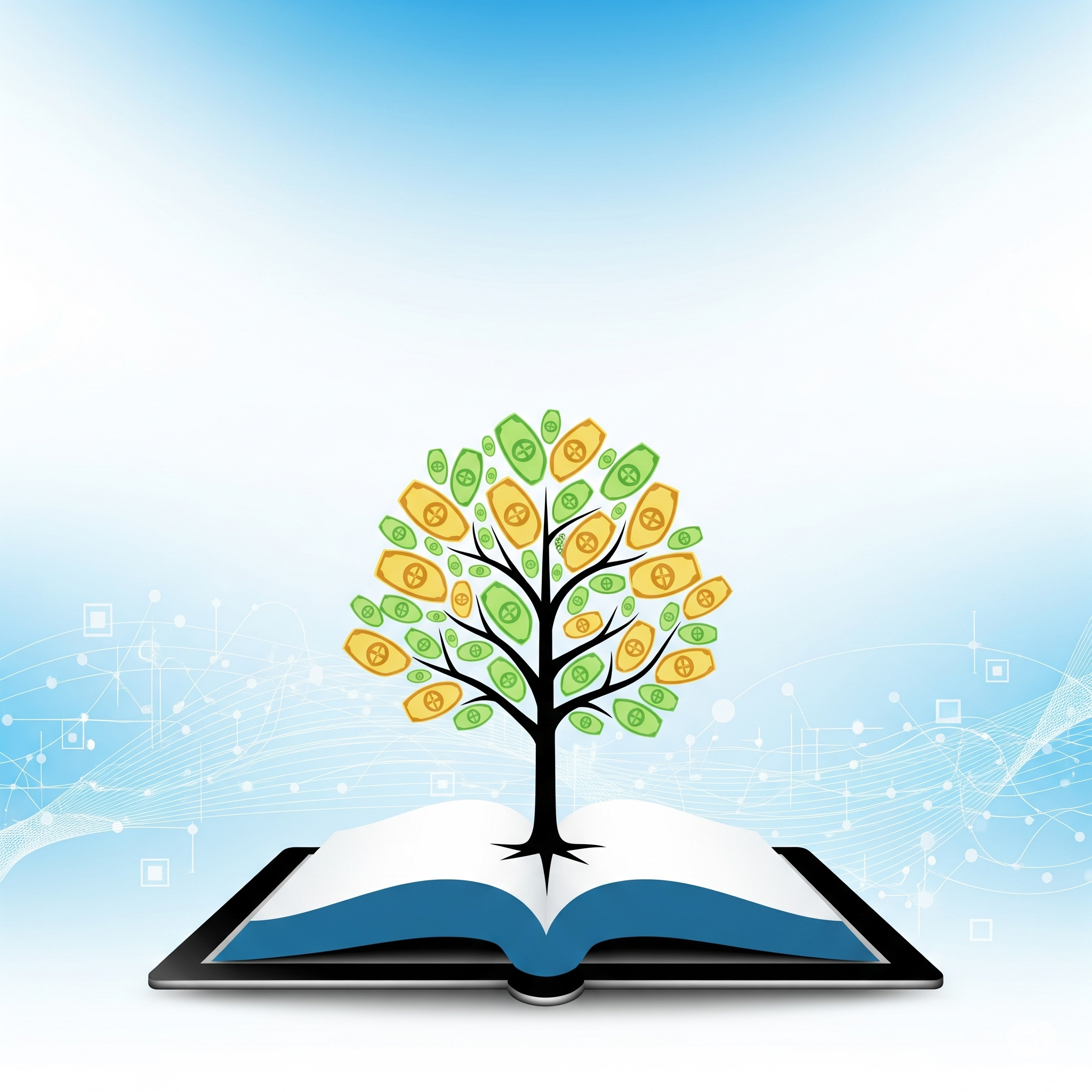 Ilustração de um livro aberto com uma árvore de dinheiro crescendo