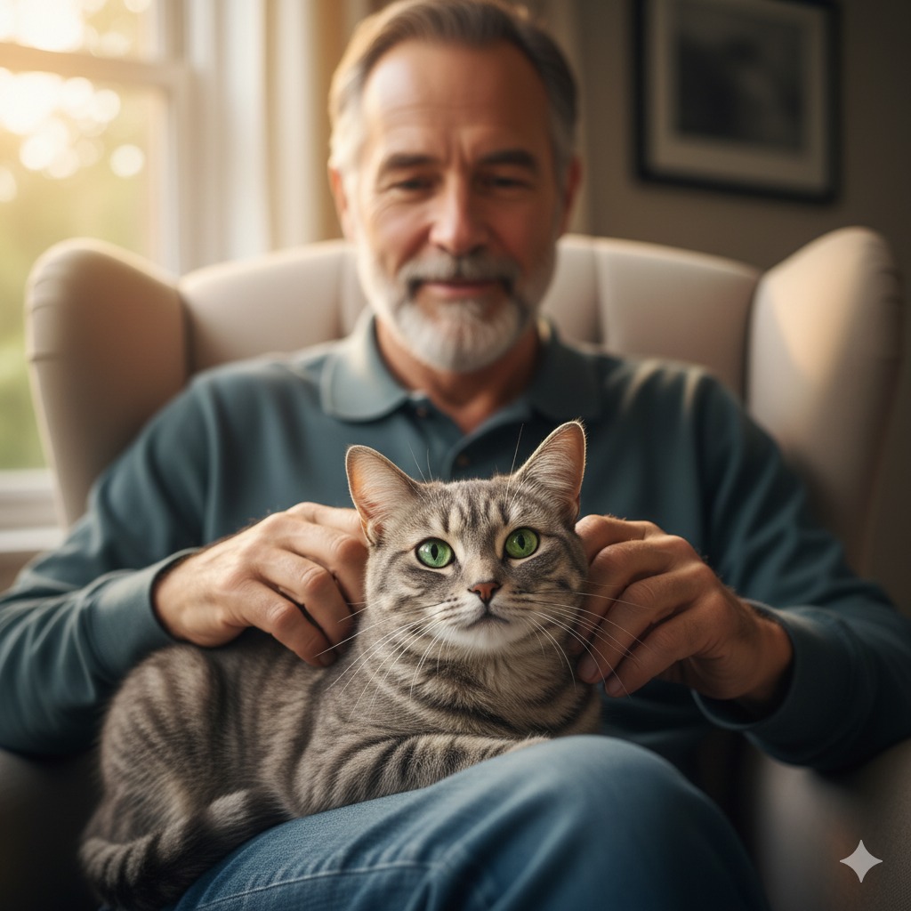 Homem de meia-idade (Elias) em uma poltrona, acariciando um gato cinzento (Nevoeiro) em seu colo.