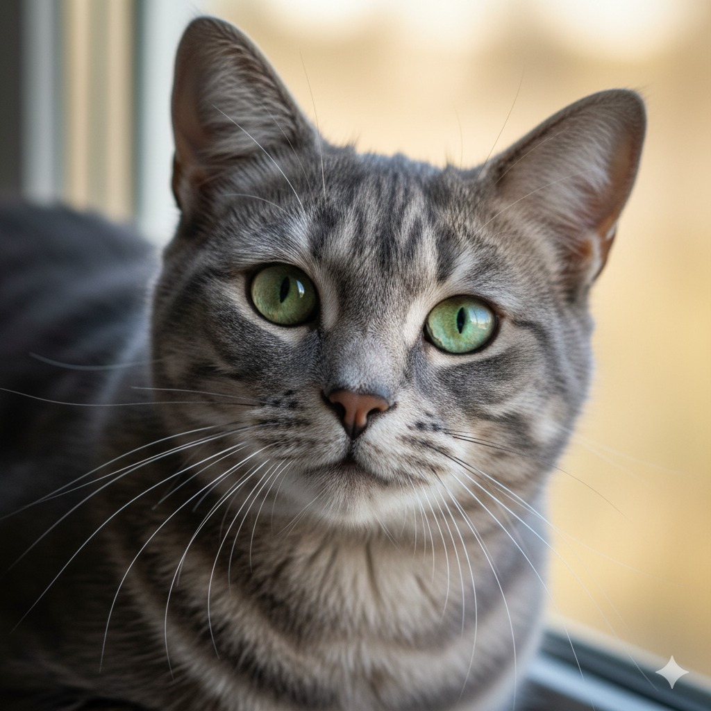 Close-up do rosto de um gato cinzento (Nevoeiro) com olhos verdes expressivos.